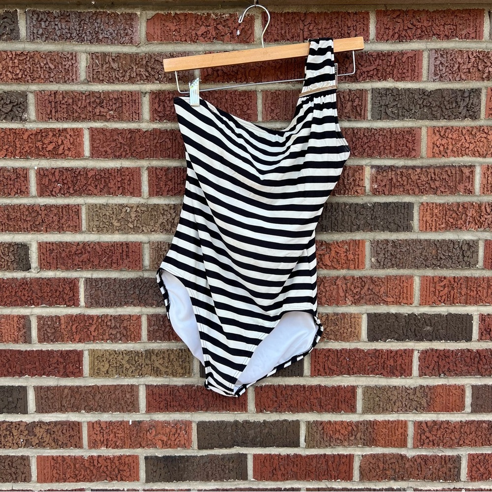 Michael Kors Navy Blue and Cream Striped One Shoulder Gold Fixture Bathing Suit
